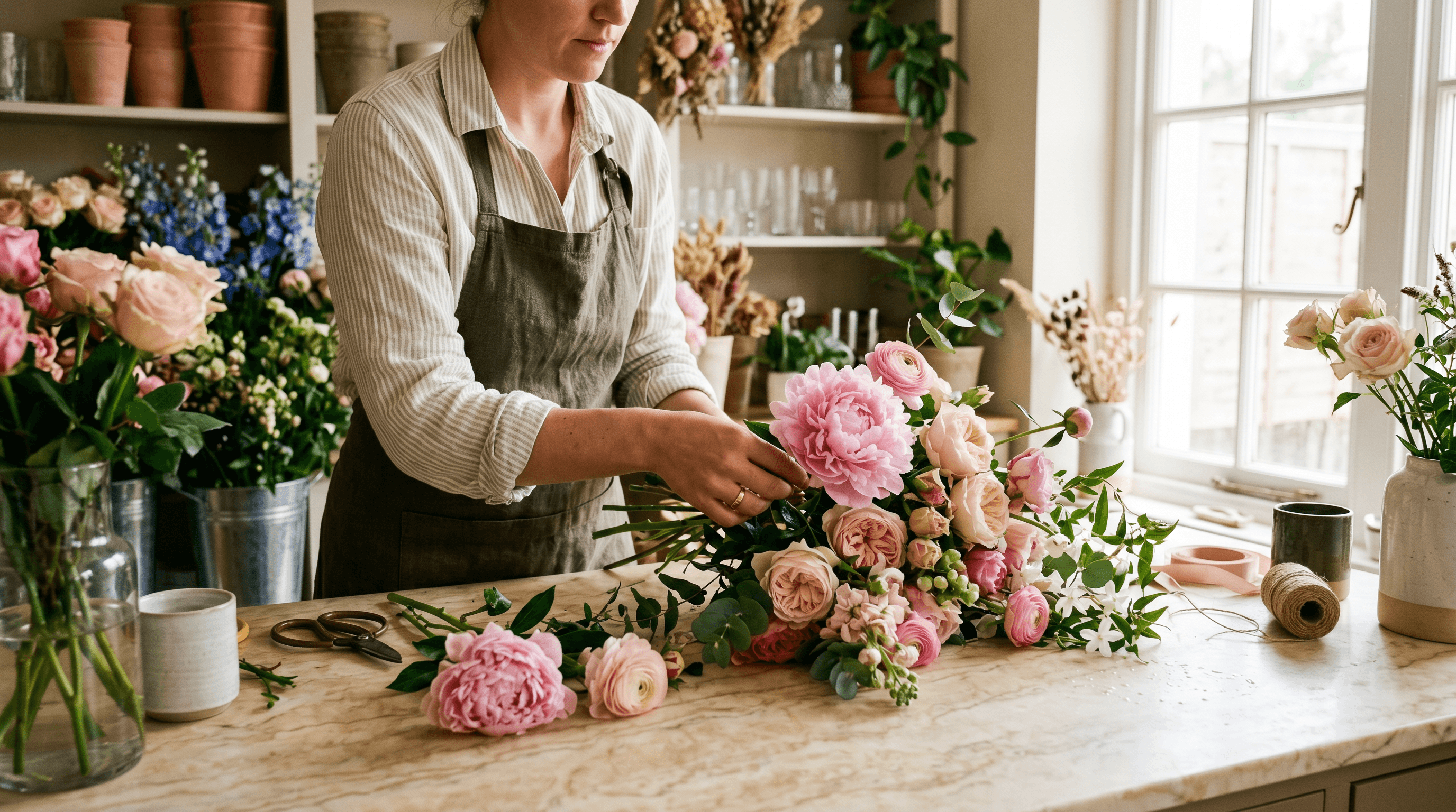 Руки флориста собирают пионы в студии FlowerHub
